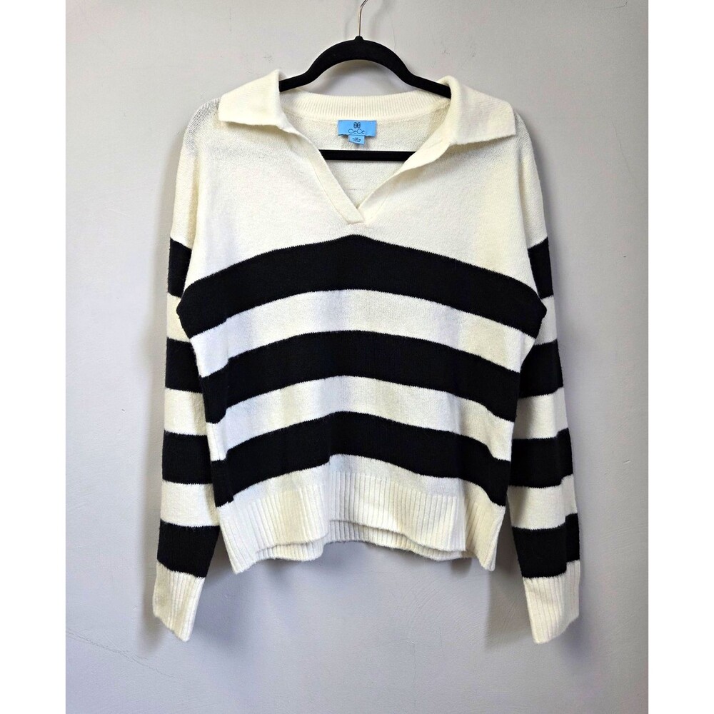 CeCe Womens Black White Striped Knit Collared V-Neck Pullover Sweater M